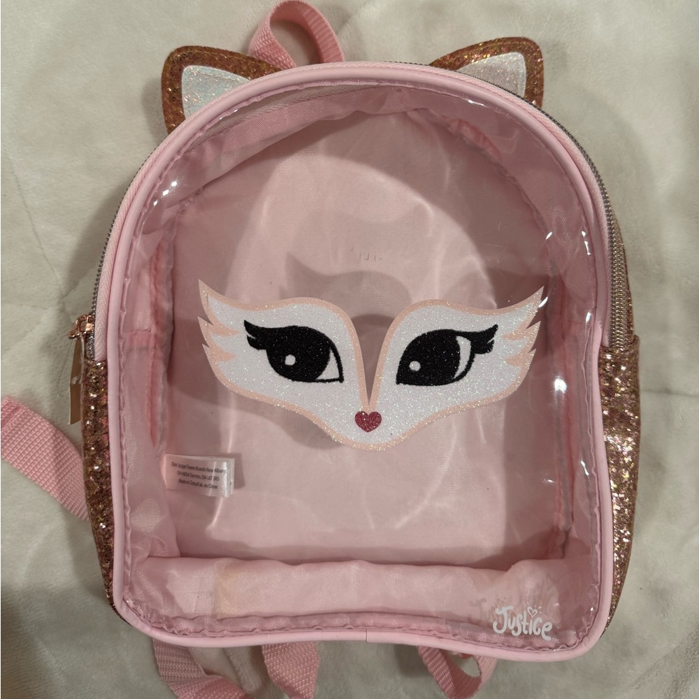 Backpack Kids Sparkly Sparkle Pink Fox Backpack Adjustable Straps Clear Front